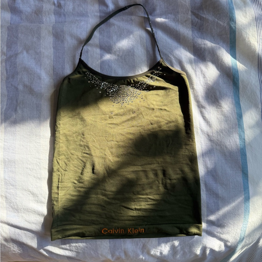 calvin klein vintage aesthetic beaded embroidered gem halter top green shirt